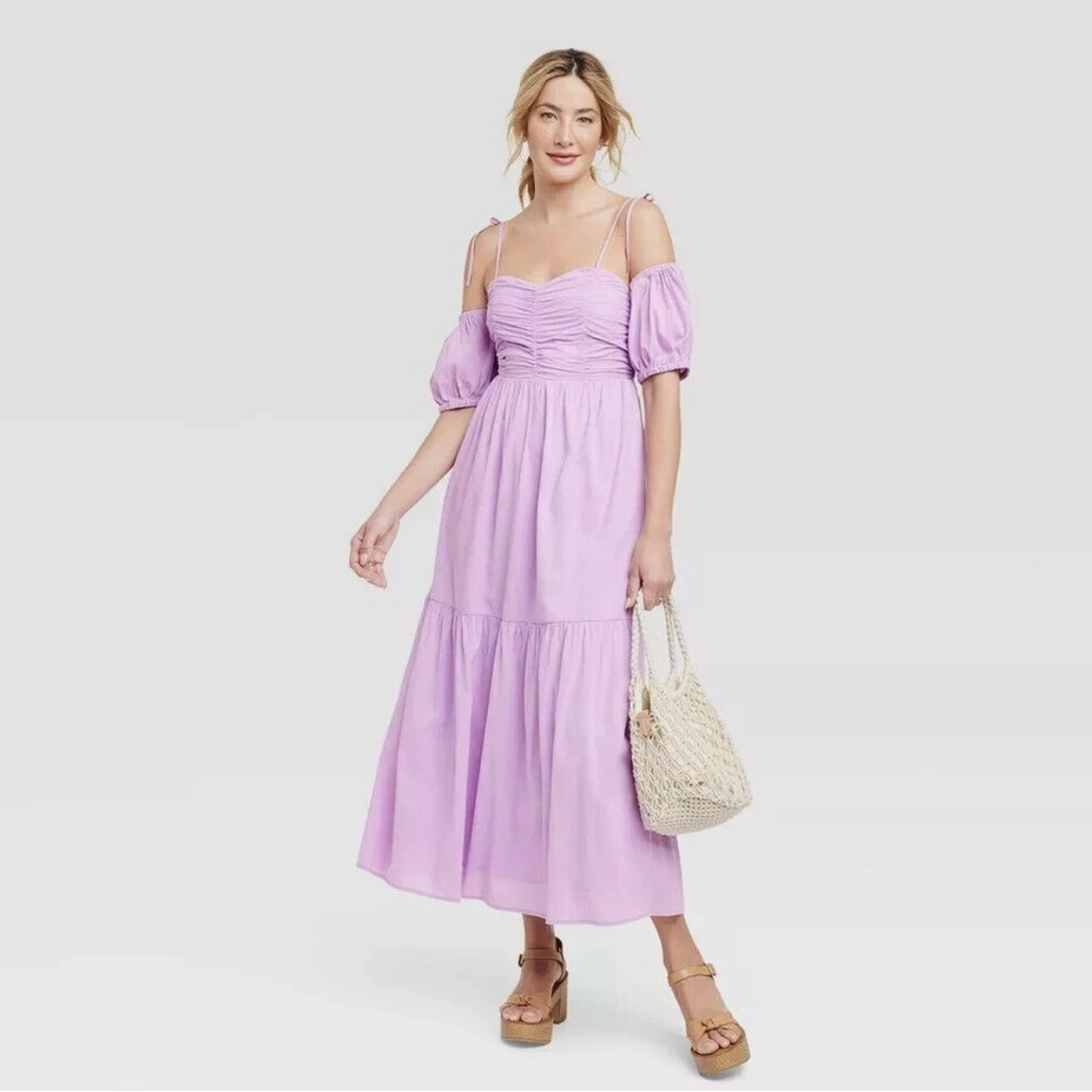 Universal Thread Puff Short Sleeve A-Line Dress Off Shoulder Purple-new medium